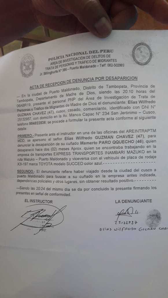 Denuncia por la desaparición. Foto: RMDD.
