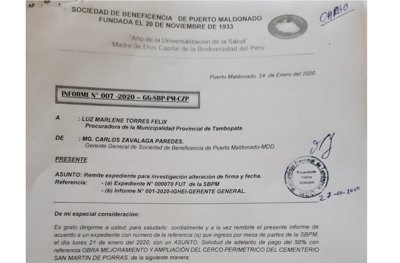 Denuncia presentada por el exgerente de la Beneficiencia, Carlos Zavalaga, a la Procuradoría Municipal.