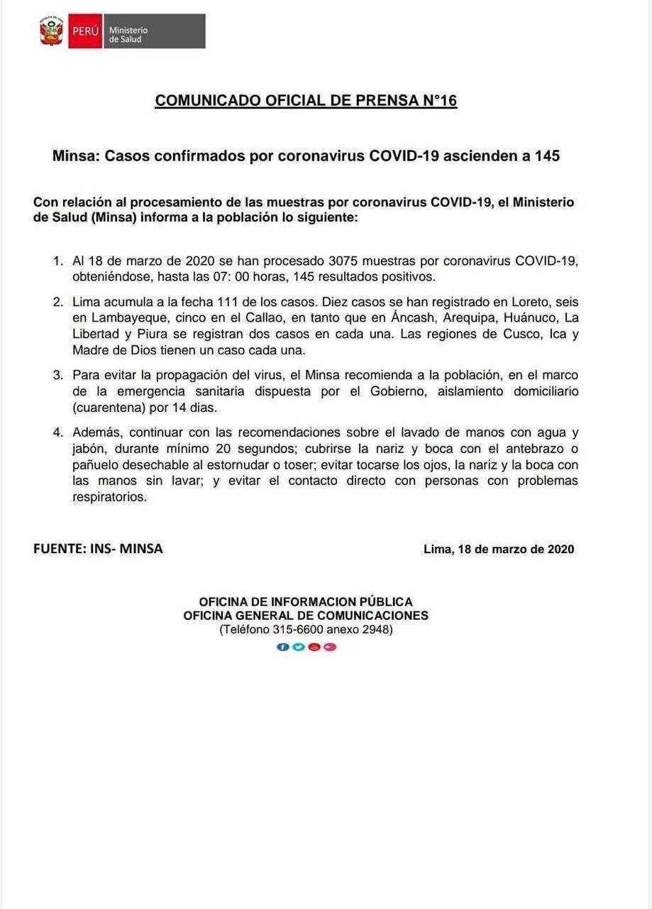 Confirman primer caso de coronavirus en Madre de Dios