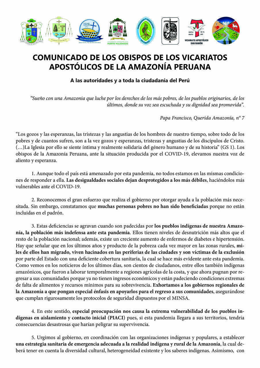 Obispos de la Amazonía: “Las desigualdades sociales dejan desprotegidos a los más débiles”