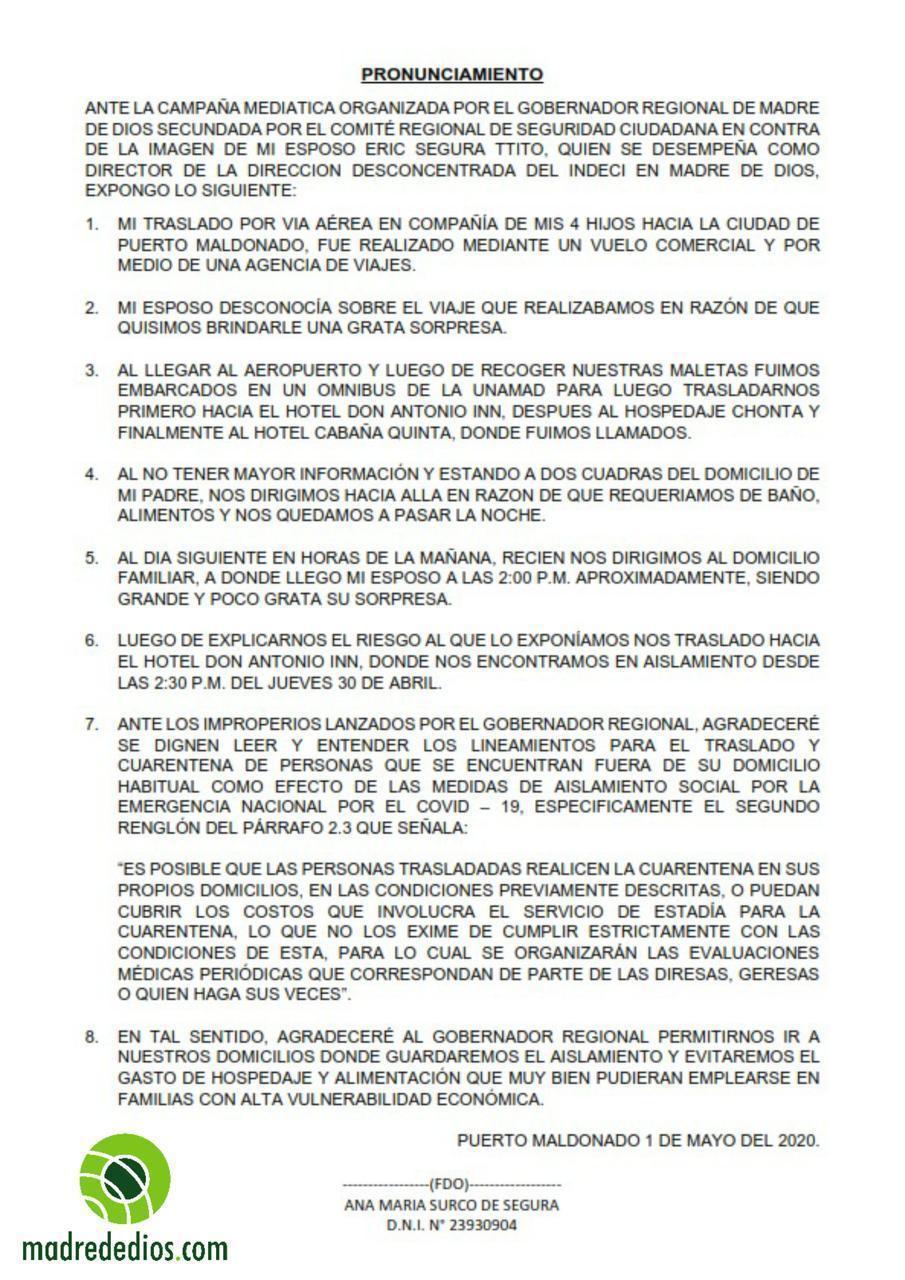 Pronunciamiento de la esposa del director del Indeci Madre de Dios.