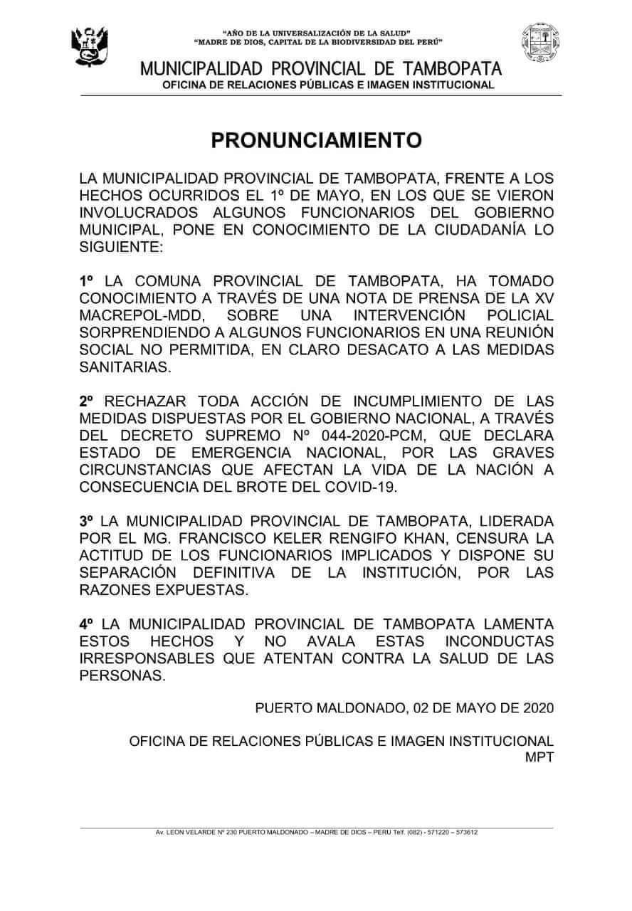 Municipalidad de Tambopata separa a funcionarios detenidos durante "toque de queda"