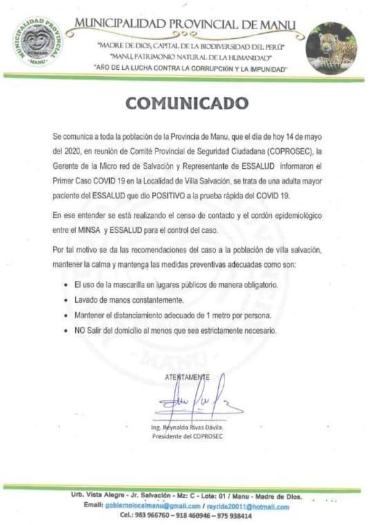 Madre de Dios: Provincia del Manu reporta primer caso de Covid-19