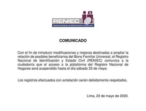Bono Familiar Universal: Reniec suspende plataforma de registro