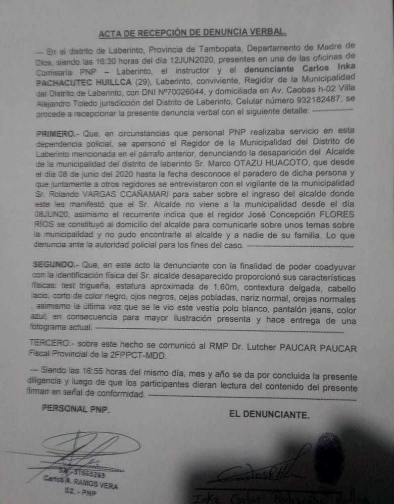 Denuncia recepcionada pro la Policía Nacional del Perú.
