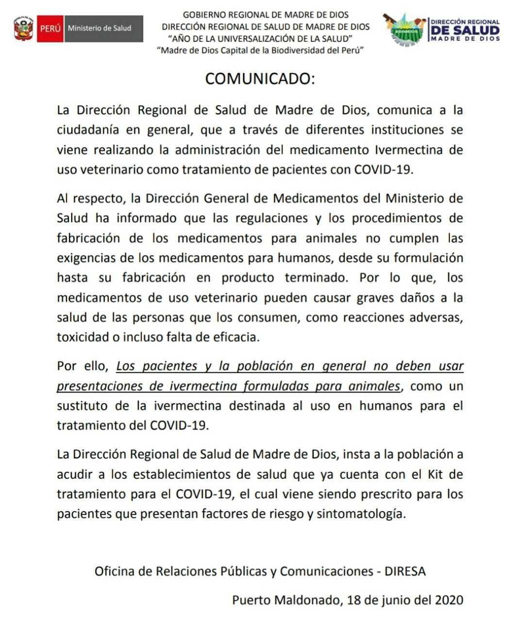 Director de la Diresa exhorta uso de ivermectina bajo supervisión médica