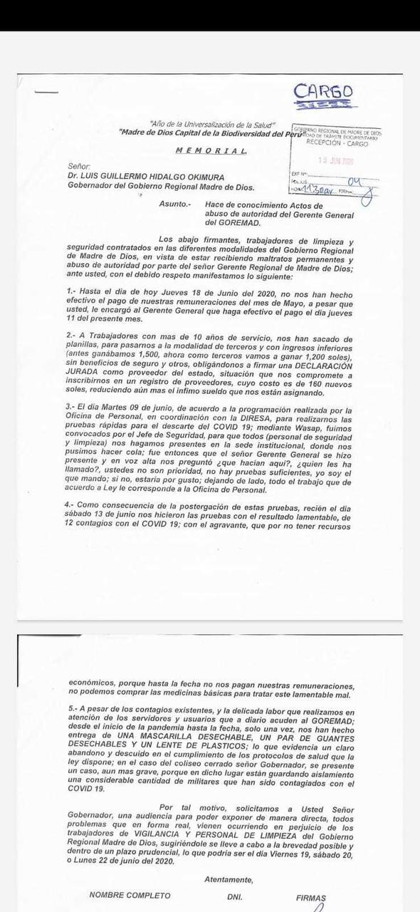 Memorial enviado al gobernador regional el 19 de junio y firmado por 31 trabajadores del Goremad.
