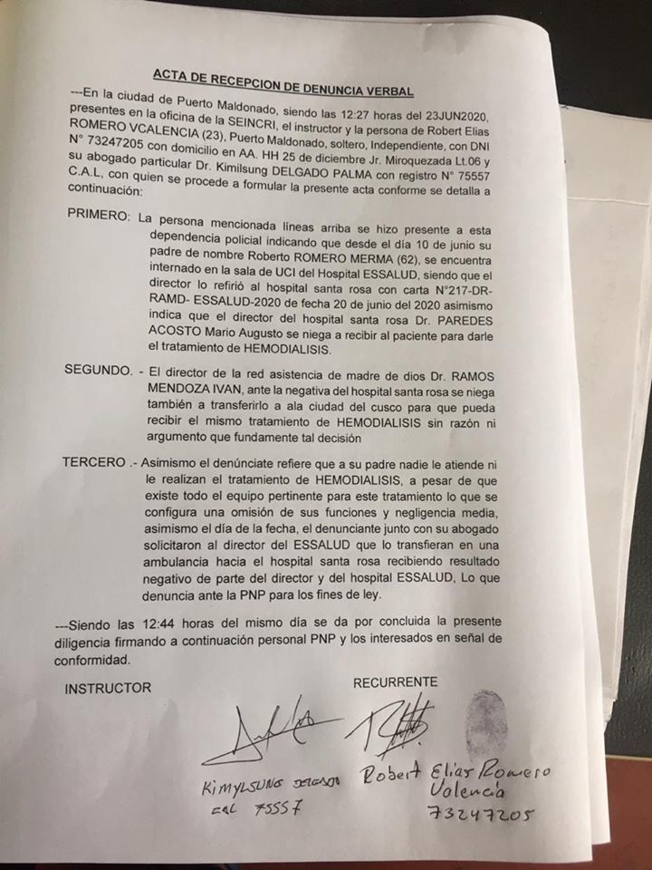 Acta de receptación de denuncia presentada por Elias Romero, hijo del fallecido dirigente mototaxista.