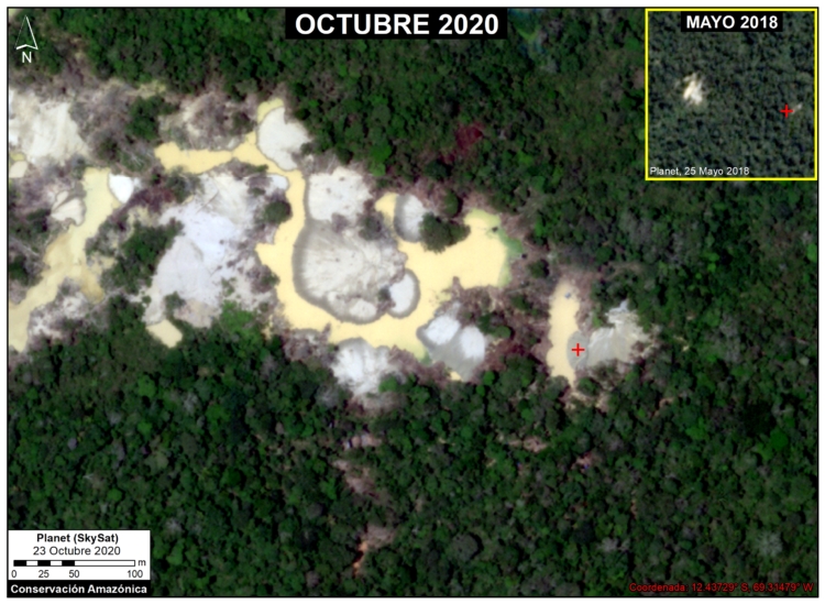 Deforestación por minería aurífera en los bosques primarios cerca del río Pariamanu, Madre de Dios. Fuente: Planet / MAAP.
