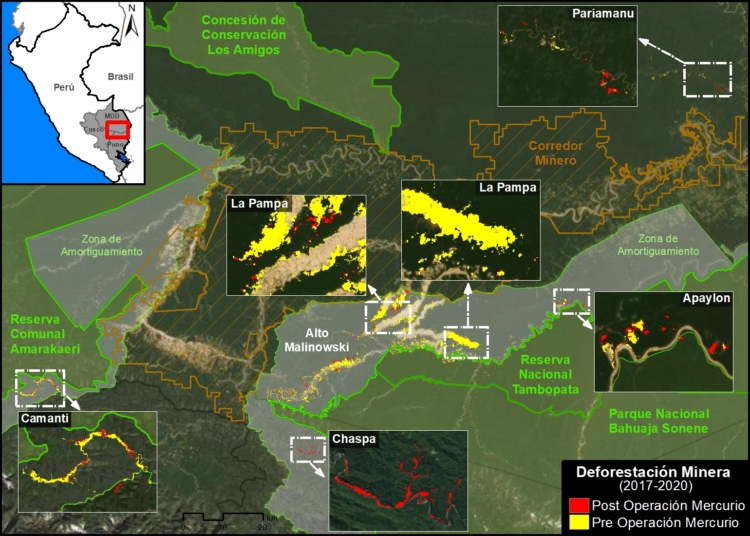 Mapa que muestra las seis zonas de deforestación por minería ilegal en Madre de Dios. Fuente: MAAP
