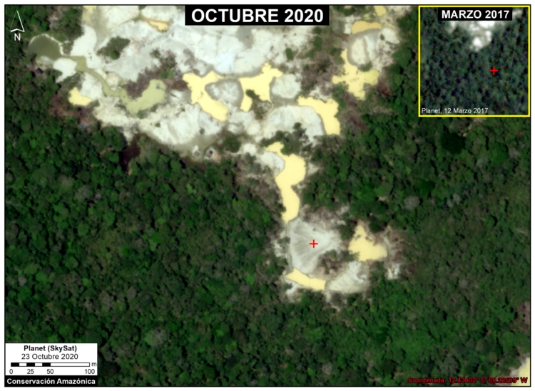 Bosques primarios cerca del río Pariamanu afectados por minería ilegal. Fuente: Planet / MAAP.