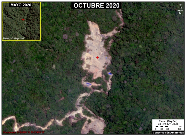 Deforestación a lo largo del río Chaspa, el la zona de amortiguamiento del Parque Nacional Bahuaja Sonene. Foto: Planet / MAAP.