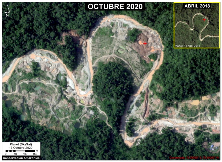 Expansión de la deforestación por minería aurífera en la zona de amortiguamiento de la Reserva Comunal Amarakaeri. Foto: Planet / MAAP.