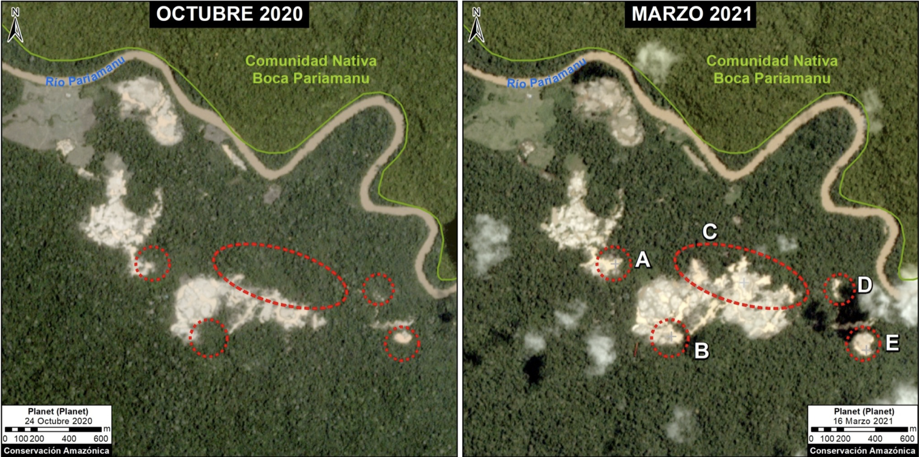 Las imágenes satelitales muestran el avance de la deforestación entre el 2020 y el 2021. Crédito: Planet / MAAP.