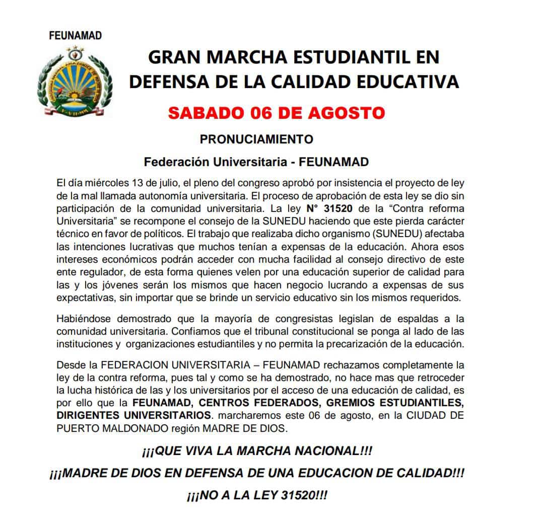 Federación Universitaria de la Unamad convoca marcha tras cambios en la Sunedu