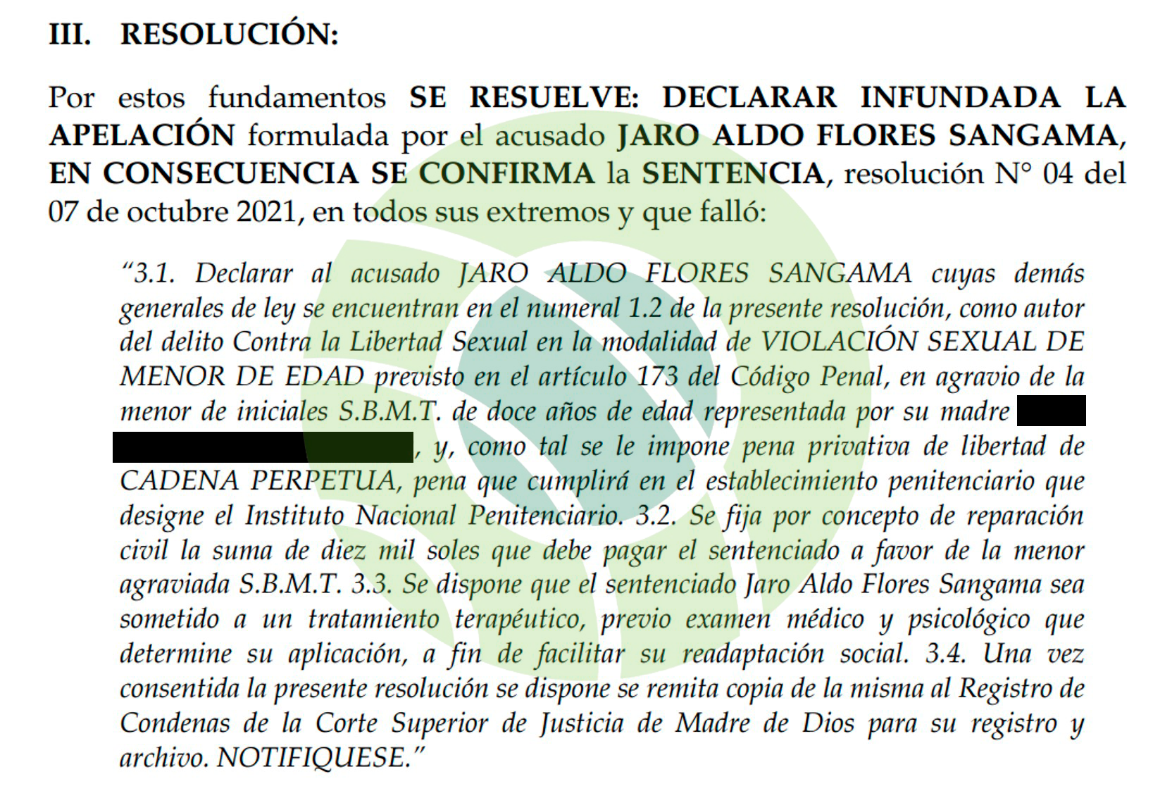 La condena contra Flores, según el expediente n.° 00084-2021-63-2701-JR-PE-03
