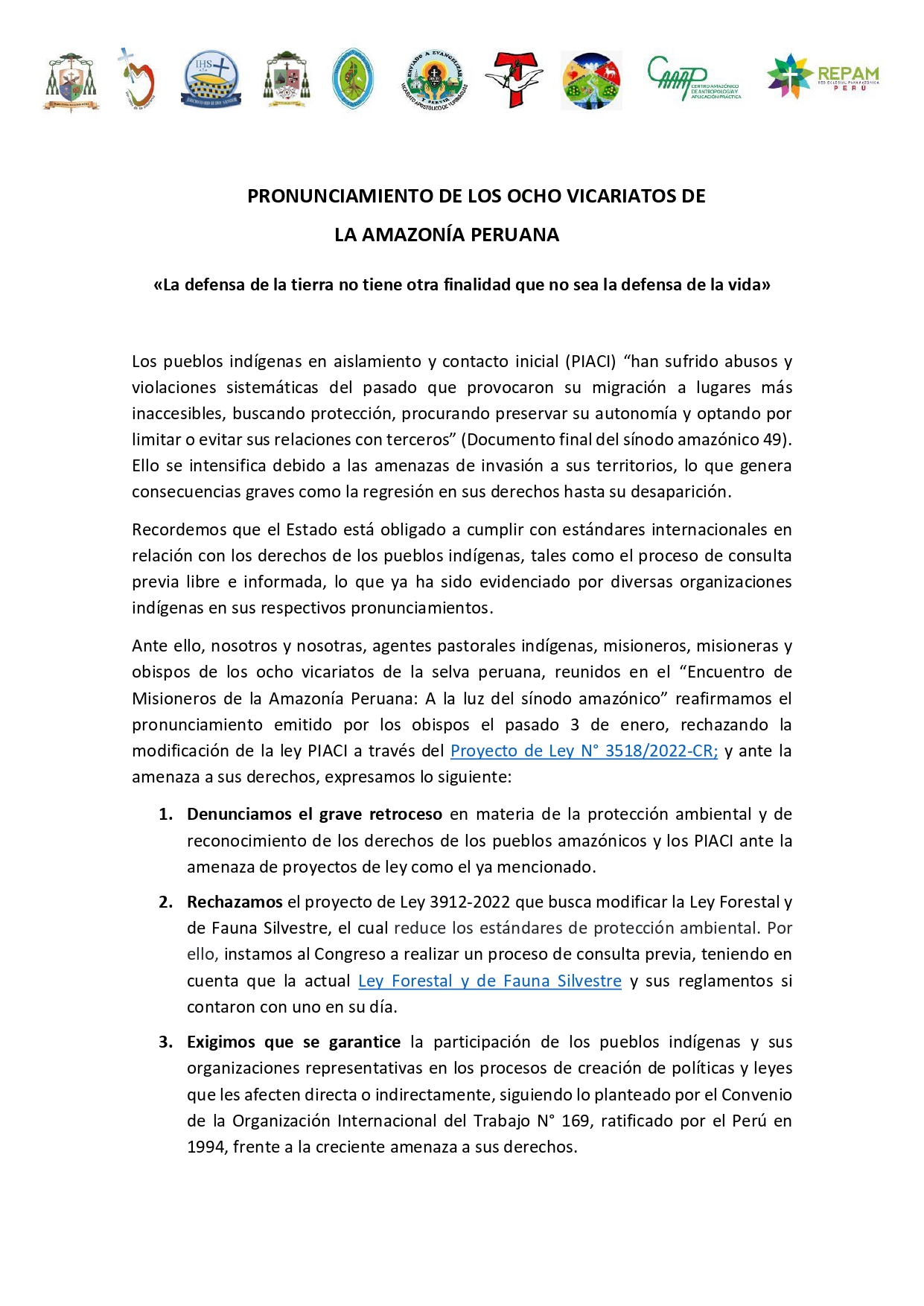 Los ocho vicariatos de la Amazonía rechazan proyecto que busca cambiar Ley Forestal