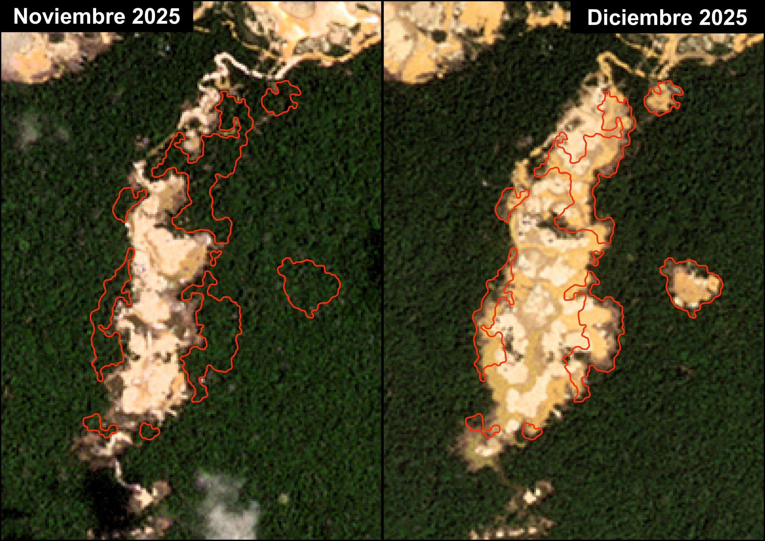 Imágenes satelitales muestran el avance de la minería ilegal en la Reserva Nacional Tambopata. Fuente: RAMI